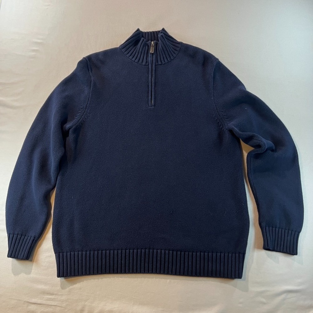 J.Crew Men's Navy Cotton Quarter Zip Sweater Size L‎ Vintage Made in Hong Kong
